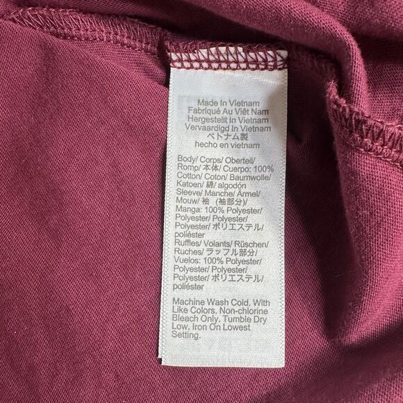 J Crew Ruffle Shoulder Top Womens Large L Burgundy Jacquard Sleeves Peasant - Picture 7 of 12